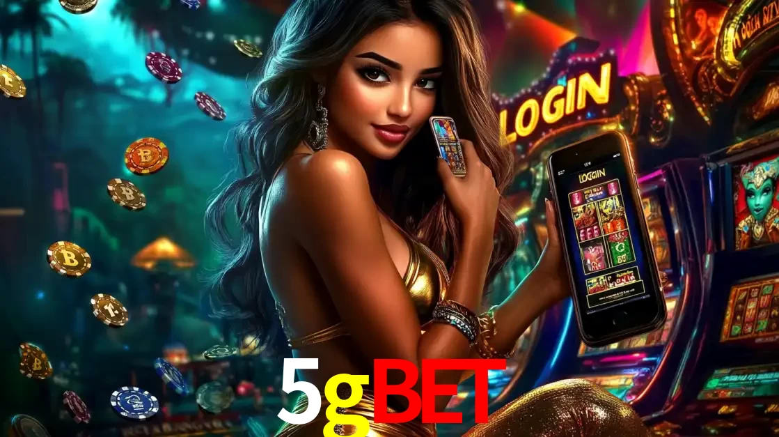 Mulher em um cenário de cassino temático de aventura, mostrando o app de caça-níqueis da 5gbet no celular. Fichas de apostas flutuam ao redor.