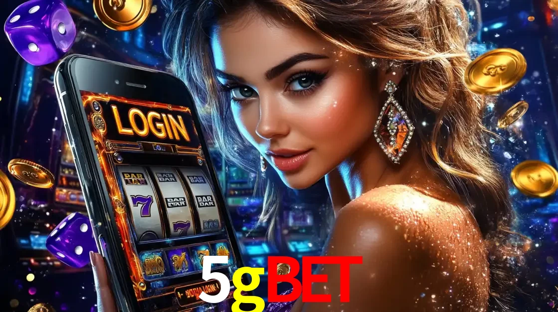 Mulher glamorosa segurando um smartphone com a tela de login para os jogos de caça-níqueis do cassino online 5gbet, com moedas de ouro e dados ao redor.