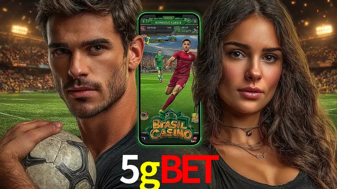 Homem segurando uma bola de futebol e uma mulher ao lado de um smartphone exibindo o jogo de apostas esportivas da 5gbet. Faça seu palpite no cassino online.